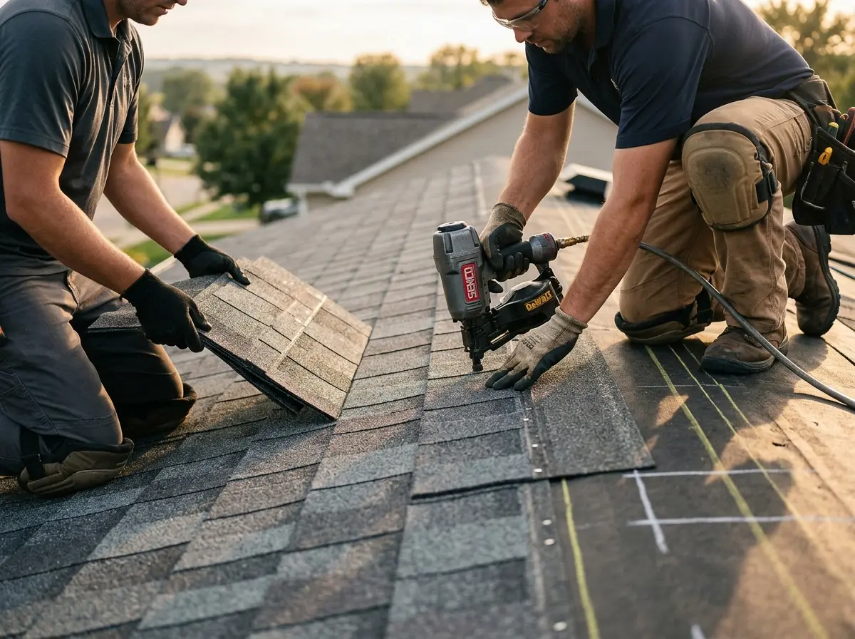 Professional roofer working on a residential roof in Morris Plains